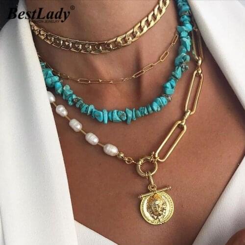 Best Lady Fashion Layer Stone Link Chain Necklace for Women Vintage Metal Beads Pearls Heart Collar Choker Necklaces Jewelry Ins