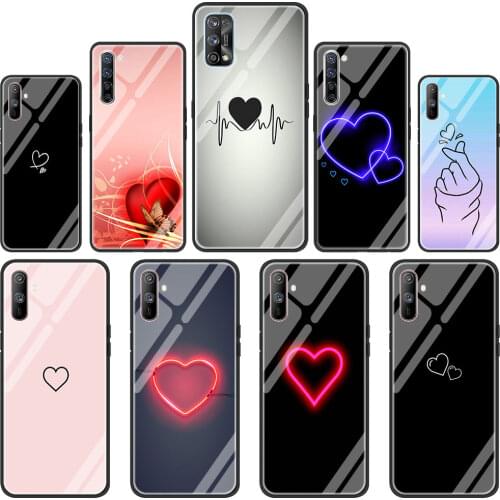 Cute Love Heart Tempered Glass Phone Case for Realme 7 6 5 Pro C3 XT 7i for Oppo A9 2020 A52 Find X2 Lite Cover Shell Capa