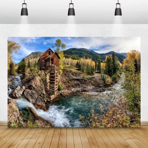 Autumn Natural Scenery Photo Backdrops For Room Decro Wooden House River Trees Mountain Photo Background Photocall Photo Studio