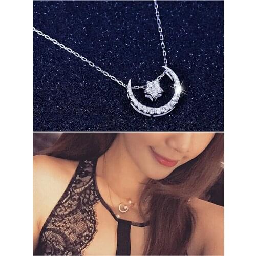 Fashion Chic Moon Star Crystal Zircon Diamonds Gemstones Pendant Necklaces for Women Girl White Gold Silver Color Choker Jewelry