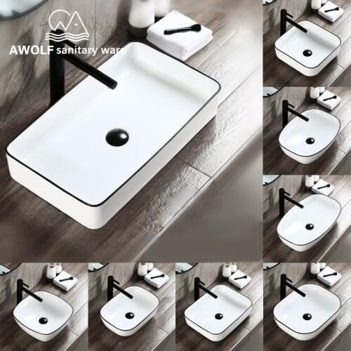 Bathroom Sinks Simplicity Design Ceramic Vessel Square Washing Basin Sink White Color With Pop Up Drain Soft Hose AM819