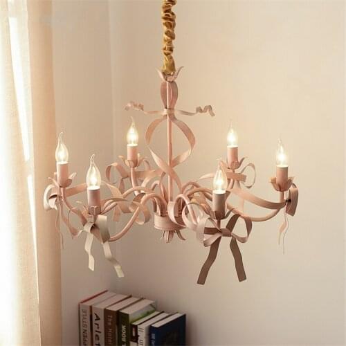 Nordic Pink Silk Ribbon Iron Chandeliers Lights Girl Princess Room Art Lamp Living Room Dining Table Hanging Lights Fixtures