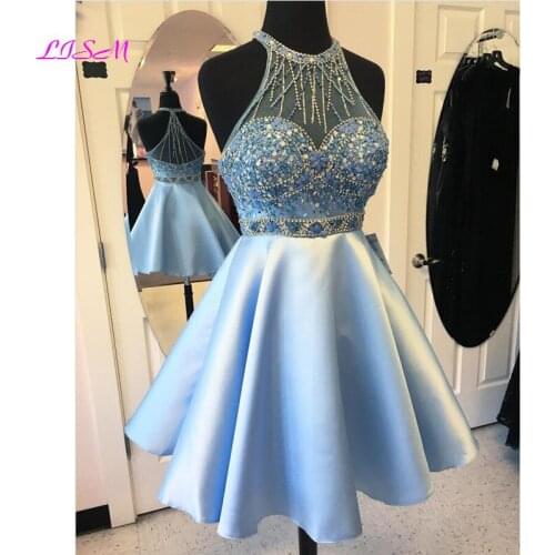 Light Blue Jewel Neck Homecoming Dress Beaded Cocktail Dresses with Sheer Back Satin Short Prom Gowns