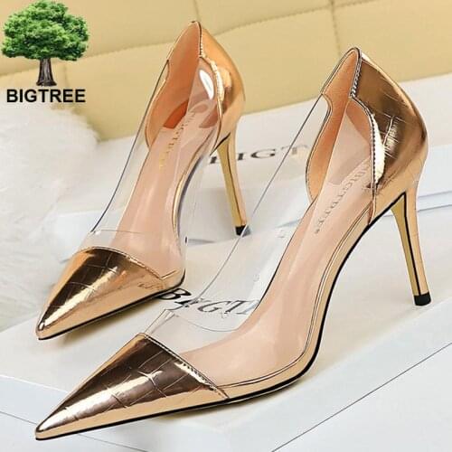 Bigtree Shoes Women High Heels Sexy Metal Pointed Toe Pumps Shoes Ladies Clear Pvc Splicing Heels Female Office Wedding Shoes
