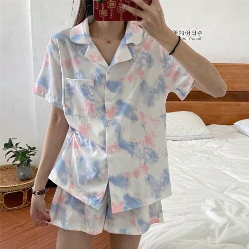 Japanese Fresh Summer Tie Dye Short Sleeve Pajamas Set Women Sleepwear Fashion Sexy Cardigan Buttons Homewear Leisure Nightwear