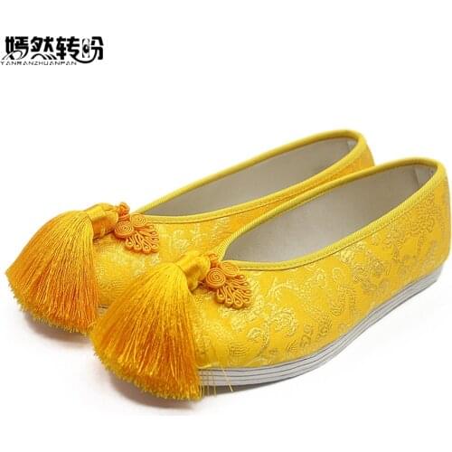 Women Flats Bride Shoes Chinese National Wedding Yellow Satin Dragon Phoenix Embroidered Tassel Breathable Single Ballet Woman