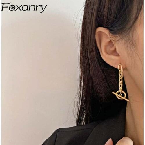Foxanry Prevent Allergy 925 Sterling Silver Stud Earrings for Women INS Fashion Creative Tassel Chain OT Buckle Party Jewelry