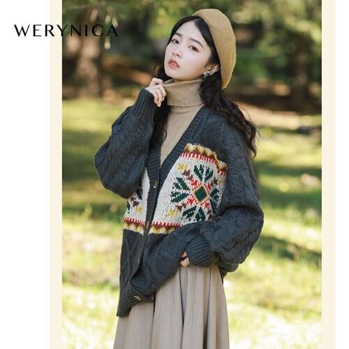 Werynica Women Sweater Jacket vintage Oversized print Knit Cardigans Loose Korean spring Clothing Robe Long Coat sueter feminin