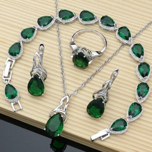Women 925 Silver Jewelry Sets Green Emerald Stone Earrings Rings Fashion Accessories Wdding Necklace Set Dropshipping