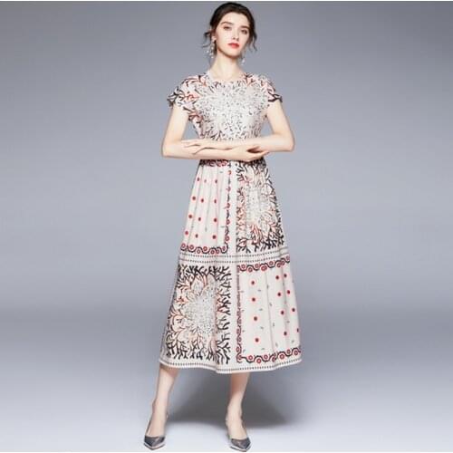 Fashion Designer Leaves Flower Runway Dress Women Summer Elegant Raglan Sleeves O Neck High Waist Vintage Long Party Vestidos