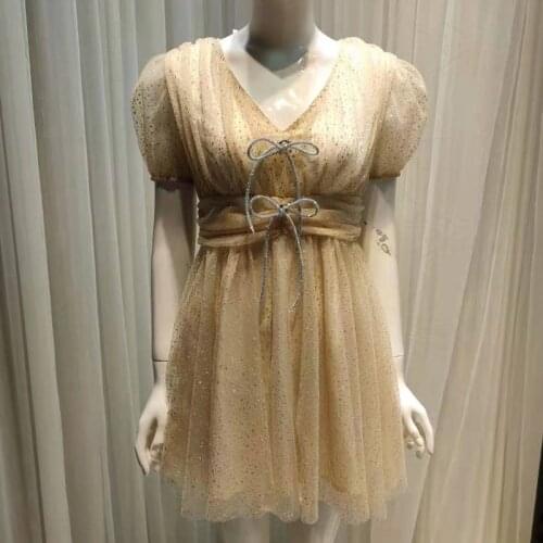Women Sweet Mini Summer Dress Mesh Short Sleeve Front Bow High Waist Tunic Dress