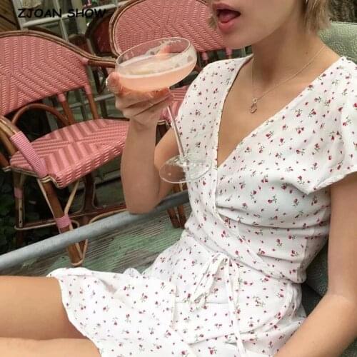 Vintage French V neck Front Slit Wrap Dress Holiday Woman Tie Bow Lace up Waist Short Sleeve Short Dresses Print Tea Vestido