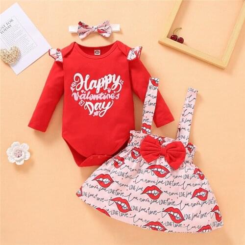 2021Newborn Baby Girl Clothes Set Happy Valentines Day Infant Outfit Bowknot Headband Long Sleeve Cotton Romper Skirt 3pcs Suit