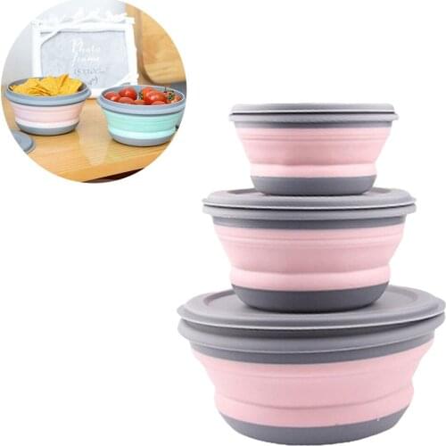 3Pcs Folding Camping Bowl Set Portable Silicone Kitchen Containers for Travel Outdoor Camping