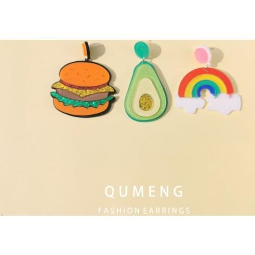 QUMENG Exaggerated rainbow Hamburger Avocado Food Acrylic Earrings Funny Creative Glitter Powder stud Earrings for women