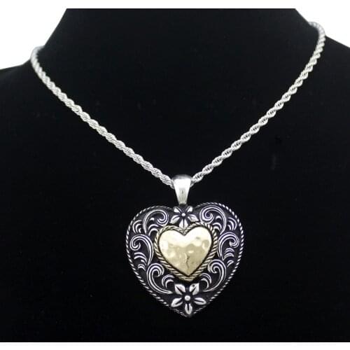 Western Rope Swirl Heart Dome French Twist Chain Texas Rodeo Vintage Gold Silver Plated Necklace Jewelry Men Women