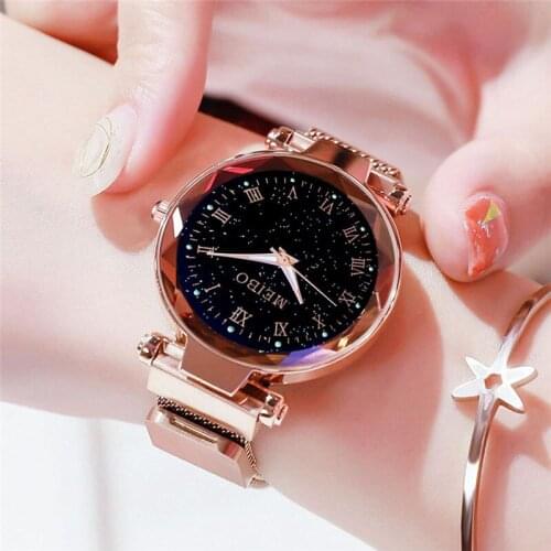 Night Light Strarry Sky Watch Women Watches Quartz Rose Gold Ladies Clock Roma Dial Stainless Steel Mesh Woman Bracelet Watch