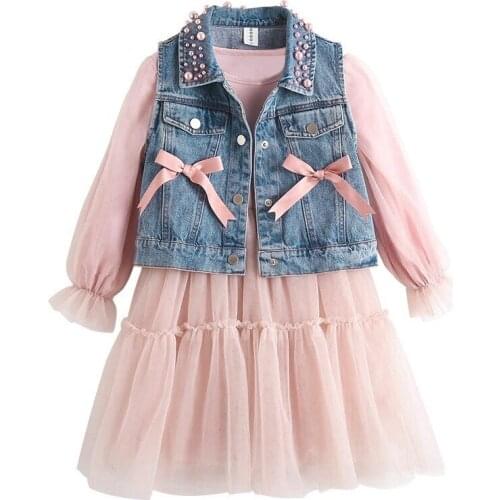 Baby Girl Clothes Children 2pcs / Set Korean denim vest with bow + Long Sleeve Pink Mesh Princess dress Cute suit outfits 2-16T