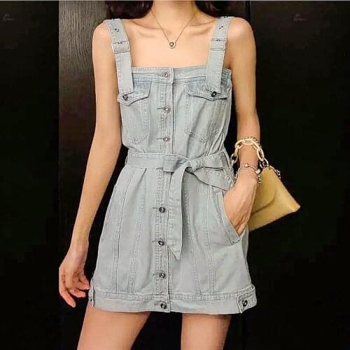 Denim suspenders women 2020 summer new short short dress Korean women dress Straight vintage Cotton Bow Tank