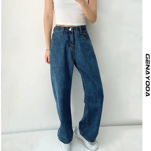 Genayooa Streetwear 2021 Boyfriend Jeans Woman High Waist Wide Leg Mom Jeans Side Split Denim Pants Female Trousers Korean