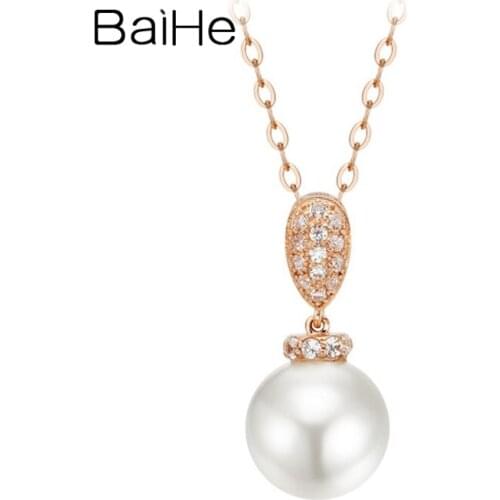 BAIHE Solid 18K White/Yellow/Rose Gold 11mm Freshwater pearl 0.06ct Diamonds Trendy Fine Jewelry Heart Necklace Women Wedding