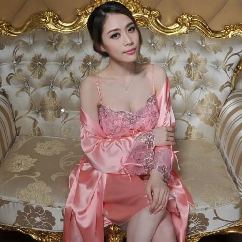 Sexy 2 pieces robe set Kimono Nighties For Women faux Silk female Pijama With Robe Satin Pajamas For Women sleepwear homewear