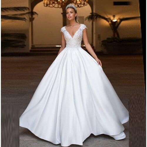 Simple Modern White A Line Lace Bride Wedding Gowns Cap Sleeves Plunge V Neck Bridal Dresses Illusion Back Applique On Sale