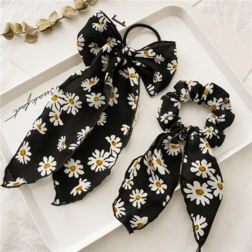 Cute Daisy Print Rubber Band Elegant Bow Hair Band Floral Print Hair Ties Elastic Ponytail Holder Scrunchy Girls Headwear