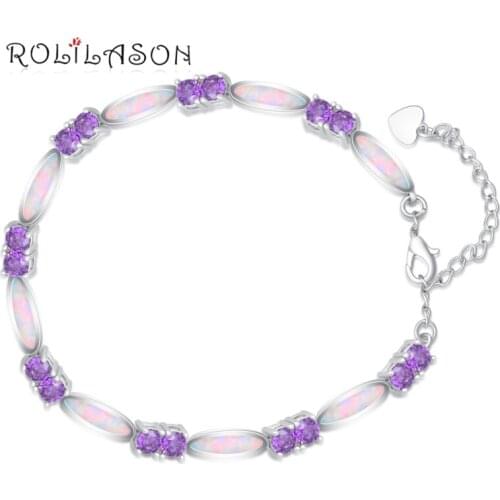 ROLILASON 17.5-21cm Purple zircon Created Fire Opal 925 Silver Stamped Charm Bracelets Women OBs092