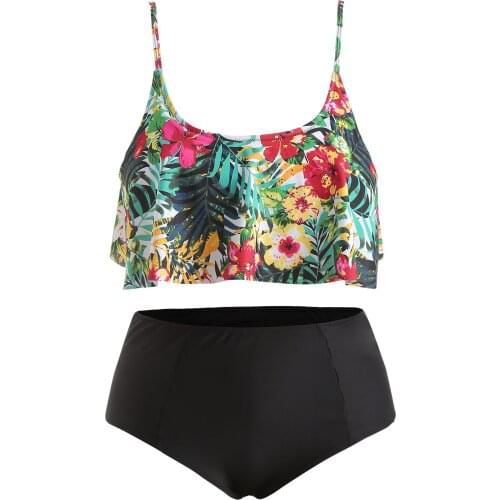 ROSEGAL Ruffle Trim Plus Size Floral Print Bikini Set Spaghetti Strap Natural Bathing Suits Summer Casual Beach Swimwear New