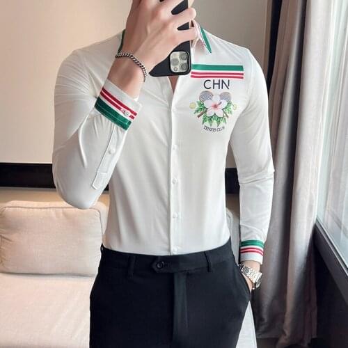 2021 Autumn Mens Shirt Fashion Long Sleeve Casual Flower Shirt Slim Business Formal Dress Shirts Streetwear Social Party Tops