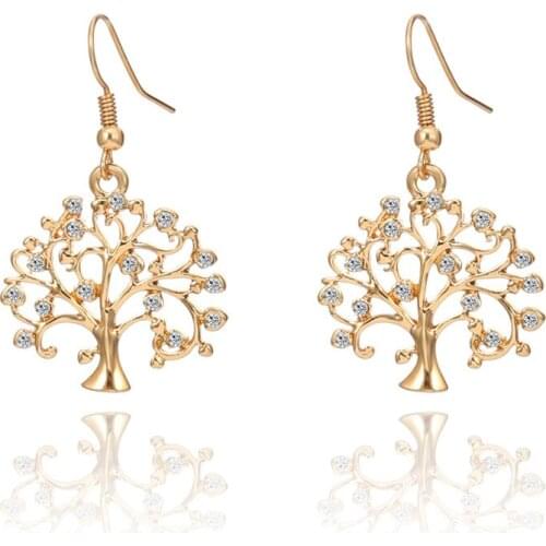 Life Tree Vintage Dangle Earring Korean Crystal Rhinestone Hollow Pendant Gold Earrings For Women Creative Gifts 2019 New