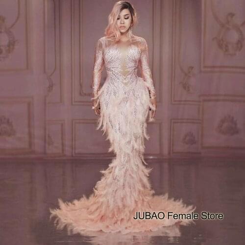Spandex pink feather diamond Mermaid long Dress Singer Host Evening Performance Long Model Catwalk Tail Dress Birthday for women