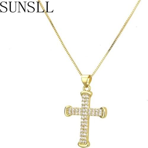 SUNSLL New gold copper necklace white cubic zirconia cross necklace woman necklace fashion jewelry pendant necklace gift