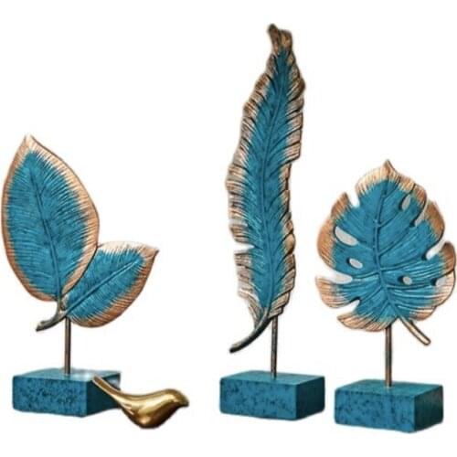 European style blue Resin leaves crafts ornaments retro creative wine cabinet arts home decorations