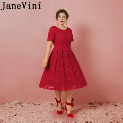 JaneVini Vintage Burgundy Mother Of The Bride Dress With Sleeve Scoop Neck Zipper Back Women Evening Party Gowns Lace Tea Length