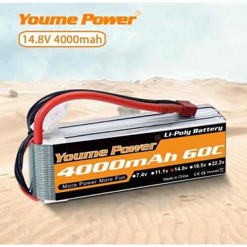 YOUME 4s Lipo 14.8V 4000mah RC battery 60C with T Deans plug for RC helicopter trex 450 500E Drone RC Car Truck Monsters Boat