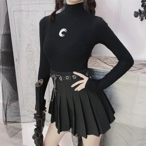Gothic Dark Moon Printed T-Shirt Women Harajuku Punk Long Sleeve Turtleneck Slim Top Tees Streetwear Black T-Shirt Female