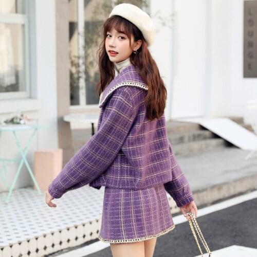 Women Plaid Suits 2021 New Female Fashion Street Youth 2-piece Suits Ladies Casual Fashion Trim Jacket Coat And Knit Skirts Q173