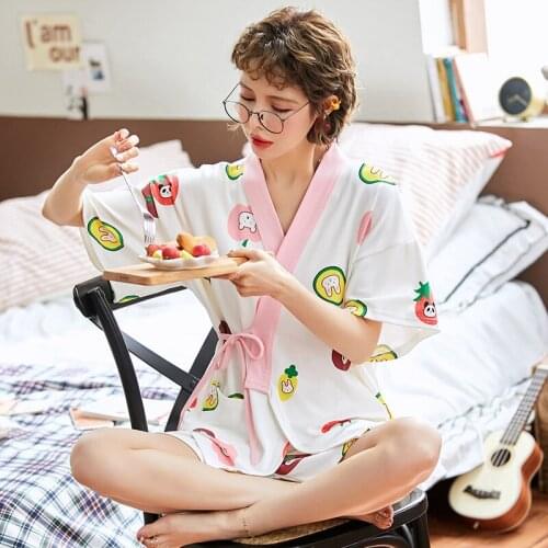 Pajamas Womens Summer Pure Cotton Thin Short Sleeve Suit Loose Kimono Lovely Homewear Set