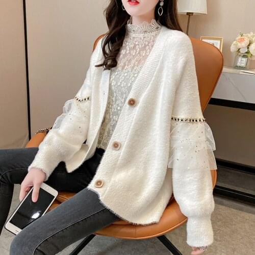 2021 female solid v neck cardigans knitted sweater artificial mink fur loose and gentle knit womens mink fleece sweater coat