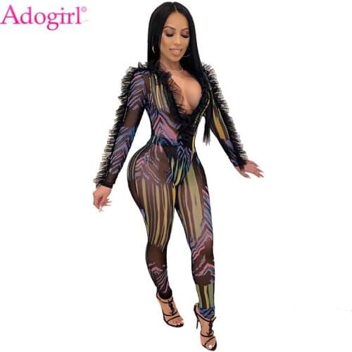 Adogirl Ruffle Fashion Print Sheer Mesh Jumpsuit 2020 Spring Women Deep V Neck Long Sleeve Bodysuit Pencil Pants 2 Piece Set