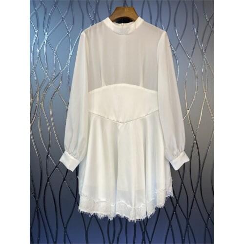 Top Quality New White Dress 2021 Autumn Women Stand Neck Lace Patchwork Long Sleeve Large Swing Party Elegant Dress Club Wear