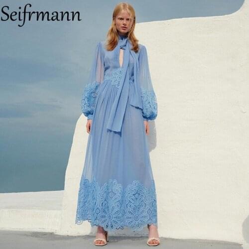 Seifrmann New 2021 Autumn Women Fashion Runway Long Dress Lantern Sleeve Bow Lace Patchwork Elegant Slim A-Line Dresses Vestidos