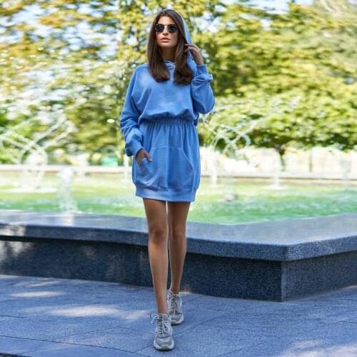 Women Fashion Solid Loose Mini Dress High Waist Hooded Long Sleeve Drawn Back Kangaroo Pocket Casual Dress 2021 New Women Dress