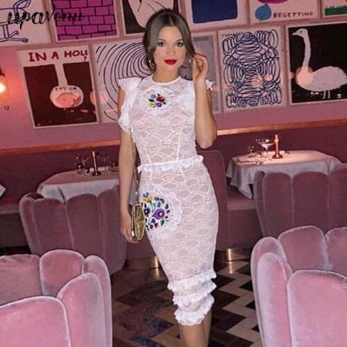 2021 New Womens Summer Bodycon Bandage White Black Lace Flower Knee Long Round Neck Dress Clubwear Celebrity Party Dress