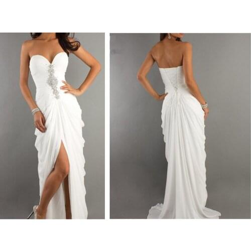 Elegant 2019 White Prom Dresses Long with Crystals Beaded vestido de festa Sweetheart Chiffon Front Slit Evening Party Dress