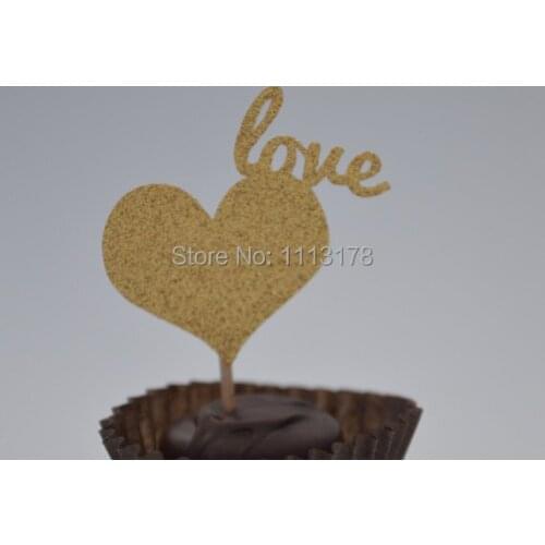 Heart Gold Glitter Cupcake Toppers - Birthday, Birthday Cupcake Topper, wedding party cake topper