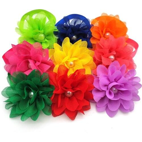 30 Pcs New Pet Grooming Dog Accessories Chiffon Flower With Pearl Dog Bow Ties Pet Product Dog Grooming Bow Ties Pet Tie