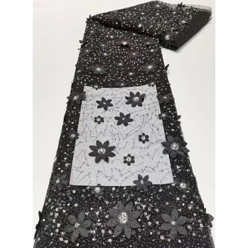 5yards/pc) Appliqued 3D flower French net lace with sequins and beads embroidery newest African tulle lace fabric FZZ085